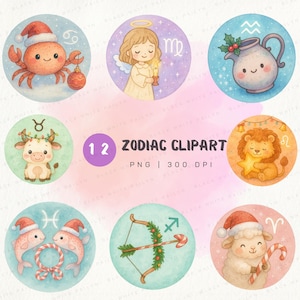 Ensemble de cliparts du zodiaque aquarelle Noël signes astrologiques PNG | Art animalier horoscope mignon | 12 images du zodiaque PNG 300 DPI