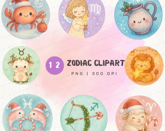 Paquete de imágenes prediseñadas del zodiaco en acuarela, conjunto de signos astrológicos navideños PNG / Lindo arte animal del horóscopo / 12 imágenes PNG del zodiaco 300 DPI
