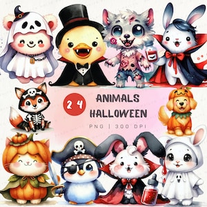 Animals Halloween Clipart,Watercolor,Ghost,Vampire,Wizard,PNG,Cute Animal Halloween,cat,dog,rabbit,for kid,Halloween PNG,Animal PNG