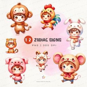 Cute Zodiac Clipart, Sternzeichen Clipart, Sternzeichen PNG, Horoskop Clipart, 12 Sternzeichen, chinesische Sternzeichen Tiere, Bündel, Astrologie Zeichen