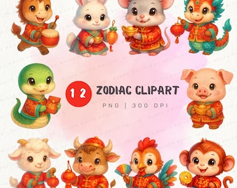 12 Chinese Zodiac Animal Clipart PNG Set, Cute Lunar New Year Zodiac Animals Illustration Bundle