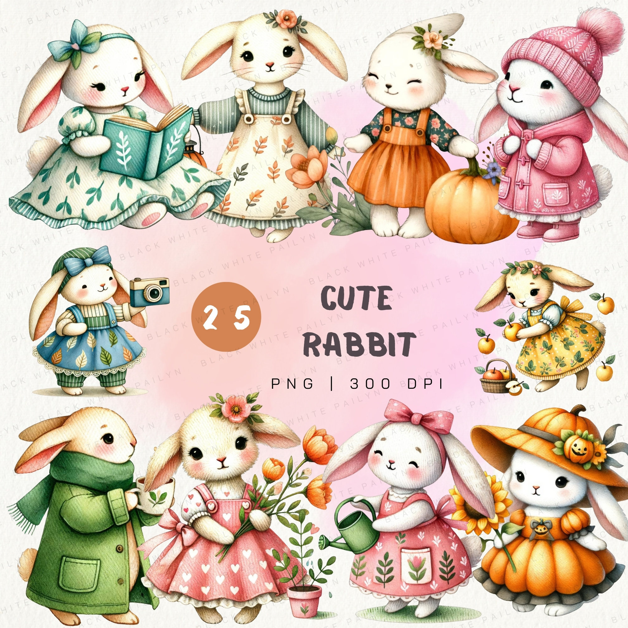Adorable Watercolor Rabbit Clipart Set, Cute Bunny Illustrations for ...