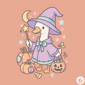 May include: A whimsical illustration of a duck dressed as a wizard for Halloween. The duck wears a purple witch hat and cloak, holding a star wand and a pumpkin-shaped candy bucket. Orange pumpkins and stars surround the duck on a peach background.