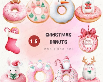 Christmas Donut Clipart Bundle PNG Set of 15 Cute Holiday Donuts with Santa Snowman Reindeer Bear Gingerbread Digital Download
