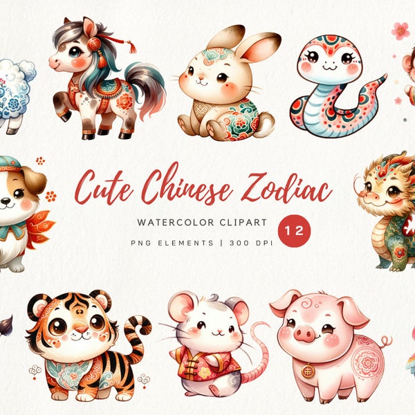 Cute Chinese Zodiac Clipart,Zodiac Clipart ,Zodiac PNG,Horoscope Clipart,12 Chinese Zodiac signs,Chinese New Year Zodiac Animals