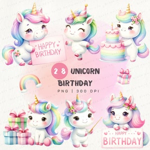 Unicorn Clipart, Unicorn PNG, Unicorn Birthday Clipart,Rainbow Unicorn,Cake,Cupcake, Clipart Set For Birthday Party,for kid