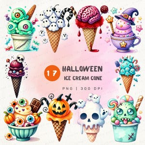 Halloween Eistüte Clipart Set, gruseliges Dessert PNG-Dateien, süße Kawaii Halloween-Leckereien, digitaler Download für Kunsthandwerk, 300 DPI
