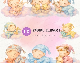 Adorable Baby Zodiac Clipart Set of 12 PNGs for Sublimation and Nursery Art | Watercolor Astrology Baby Signs | 300 DPI Instant Download