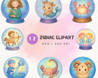 Watercolor Zodiac Clipart Bundle: Astrology Animals, Crystal Ball (Digital Download, 12 PNG Files)