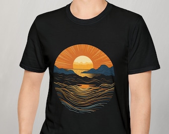 Horizon Glow: maglietta grafica al tramonto nautico per gli appassionati di mare, maglietta softstyle unisex