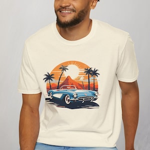 Vintage Classic Car Sunset Tee - Unisex zacht katoenen T-shirt, 58 Corvette Shirt, 1958 Vette T-shirt