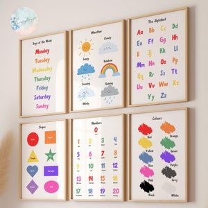 Learning Ed, conjunto de carteles educativos para niños, arte mural para niños, alfabeto ABC de números 1 a 3, impresiones para dormitorio infantil, decoración de sala de juegos