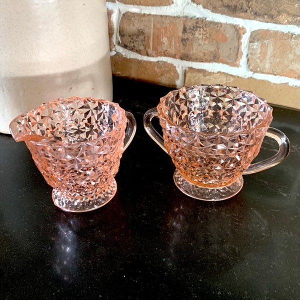 1940s Jeanette Buttons and Bows Pink Depression Glass Sugar Bowl and Creamer