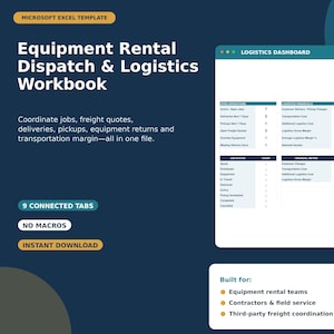 May include: A Microsoft Excel template for equipment rental dispatch and logistics, featuring a dashboard with tables for operations, financials, and performance metrics. The layout includes nine connected tabs, no macros, and a list of target user groups.