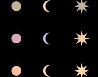 Boho Himmel Sonne und Mond Clipart Bundle | 12 Aquarell PNGs mit transparentem Hintergrund | Kosmische Sterne und Mond Digitale Aufkleber