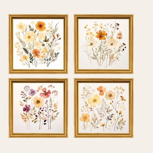 Conjunto de quatro arte de buquê de flores prensadas pintadas à mão, download digital, alta qualidade 300 DPI, uso comercial, clipart