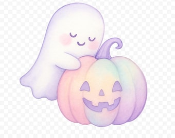 Zestaw pastelowych clipartów z dynią na Halloween – 10 ilustracji akwarelowych, urocze duchy i koty w formacie PNG, pobieranie cyfrowe