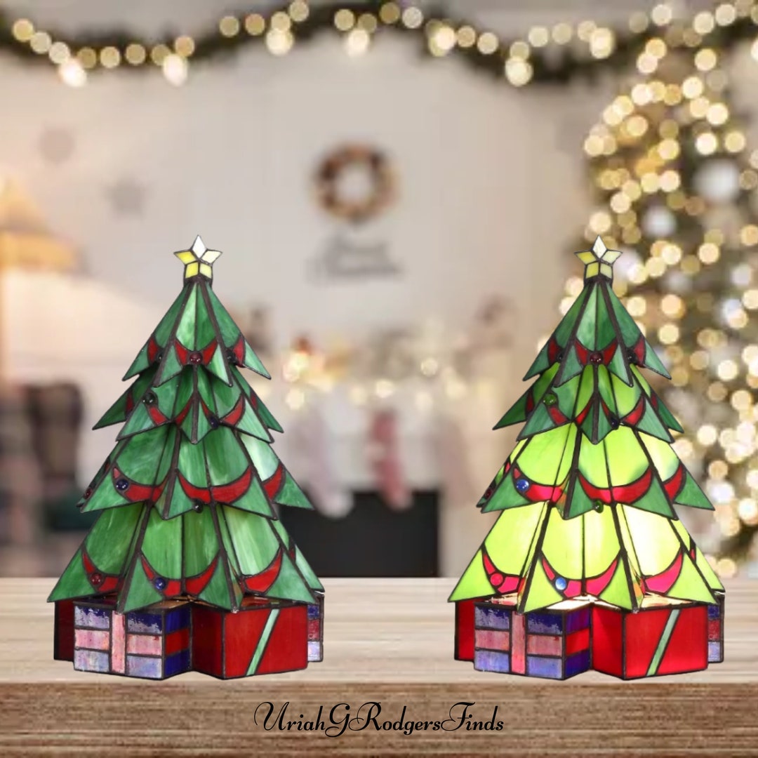 Tiffanystyle Pine Christmas Tree Accent Table Lamp With Night Etsy