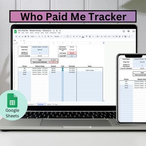 May include: A laptop and smartphone displaying a Google Sheets document titled "Who Paid Me Tracker." The spreadsheet shows financial data, with a green Google Sheets logo in the foreground. A black mug and pencils are also visible.
