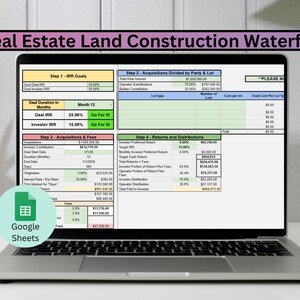 Puede incluir: Una pantalla de computadora portátil que muestra una hoja de cálculo de Google Sheets con un cálculo de cascada de construcción de terrenos inmobiliarios. La hoja de cálculo incluye secciones para objetivos de IRR, adquisiciones divididas por parte y lote, adquisiciones y tarifas, y rendimientos y distribuciones. La hoja de cálculo muestra un total pagado al inversor de 964.813,50 €.