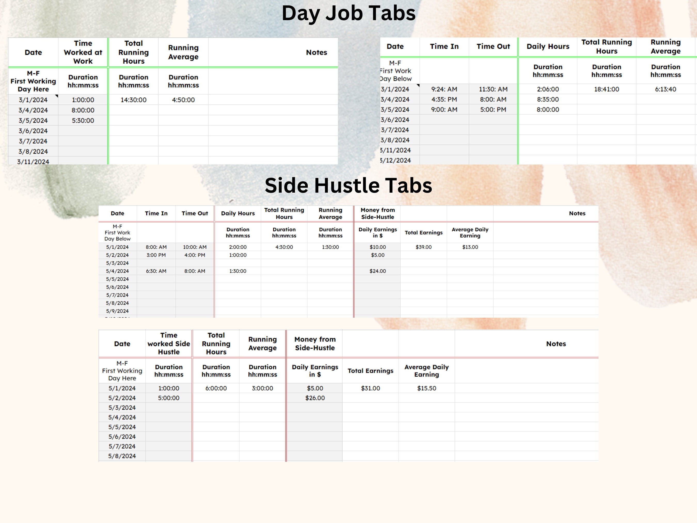 Time Tracker Spreadsheet Time in Time Out Google Sheets Side Hustle Day ...