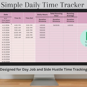 Puede incluir: Una captura de pantalla de una hoja de cálculo de Google Sheets con fondo rosa. La hoja de cálculo se titula "Simple Daily Time Tracker" y está diseñada para realizar un seguimiento de las horas de trabajo diarias. La hoja de cálculo incluye columnas para la fecha, la hora de entrada, la hora de salida, las horas diarias, las horas totales y el promedio. La hoja de cálculo está diseñada para realizar un seguimiento tanto de los trabajos diurnos como de los trabajos secundarios.