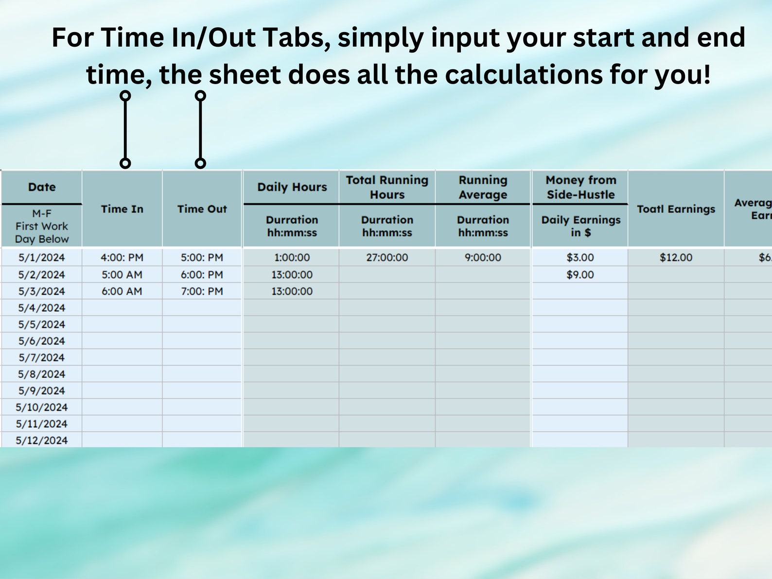 Blue Time Tracker Spreadsheet Time in Time Out Google Sheets Side ...