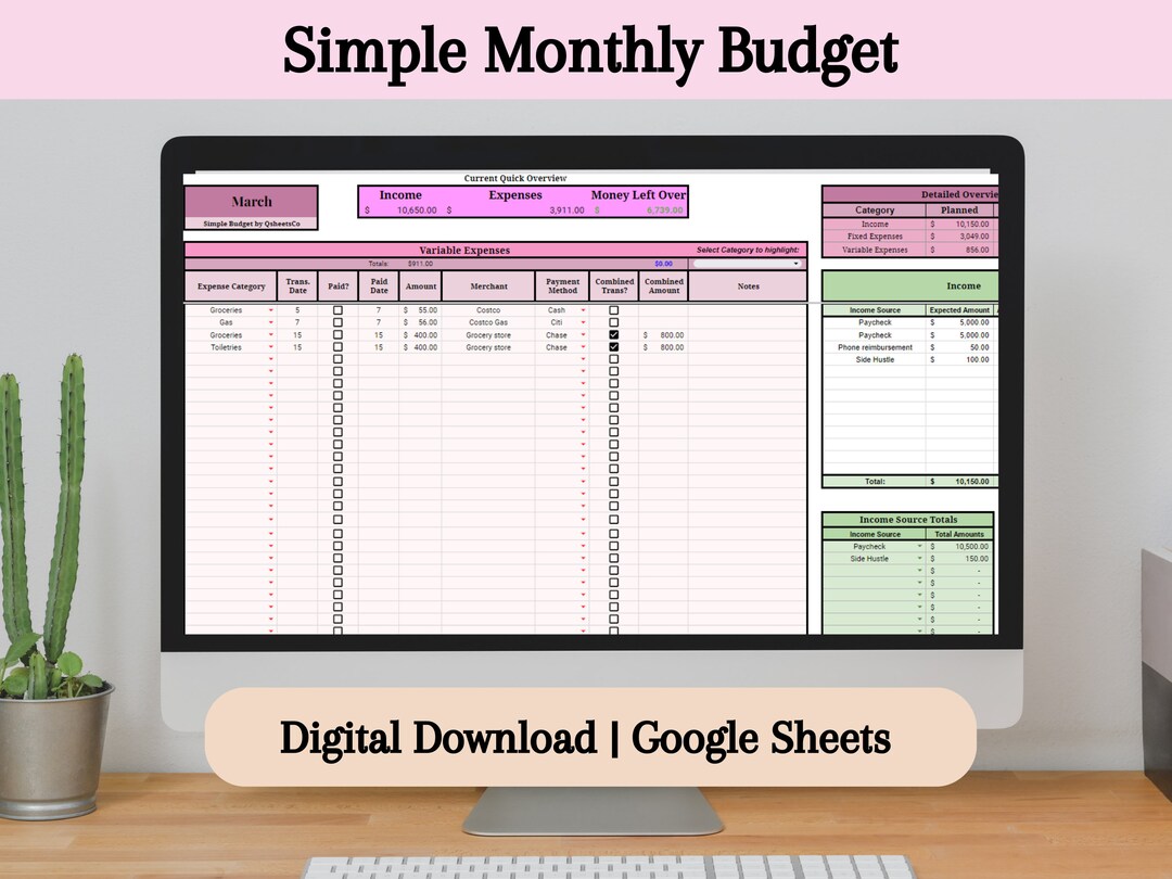 Simple Monthly Budget Income Template Google Sheets Paycheck Planner ...