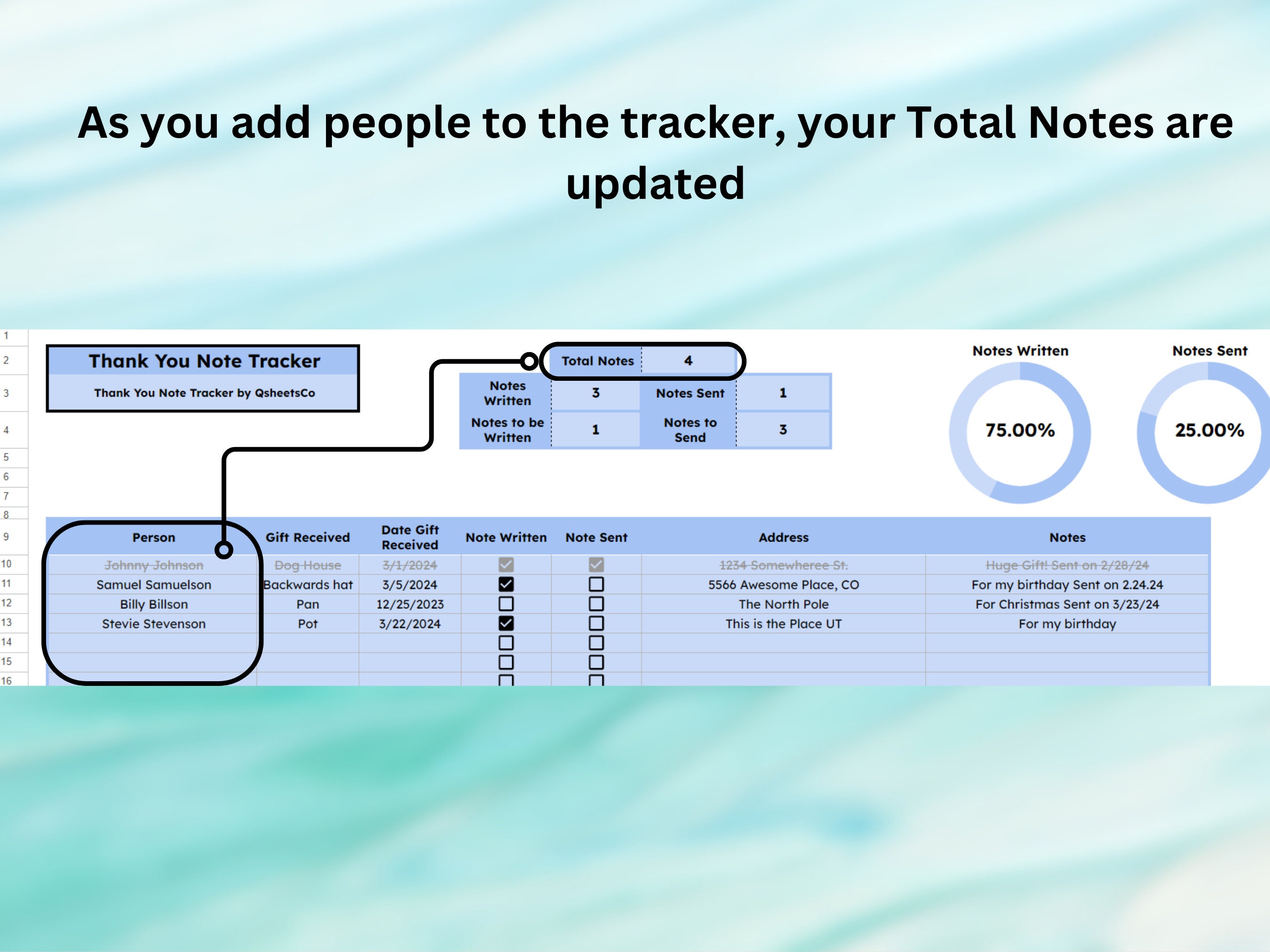 Blue Thank You Note Spreadsheet Gratitude Note Tracker Organized Letter ...
