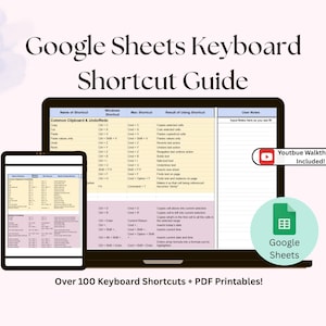 Può includere: Una guida digitale alle scorciatoie da tastiera di Google Sheets, visualizzata su un laptop e un tablet. La guida include oltre 100 scorciatoie, con un tutorial di YouTube e file PDF stampabili. È visibile anche il logo di Google Sheets.