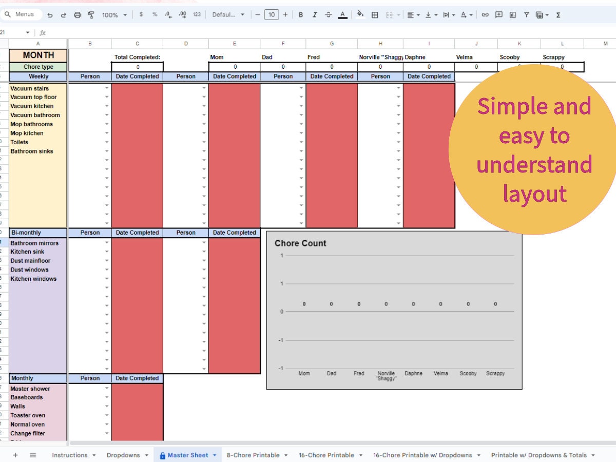 Simple Chore Chart Google Sheets Template Family Chore Chart Template ...