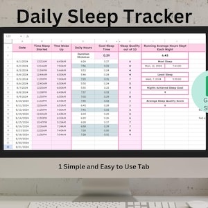 Tracker del sonno quotidiano semplice rosa / Timer per dormire / Tracker del punteggio del sonno / Meno sonno in un mese / Più sonno in un mese / Fogli Google /