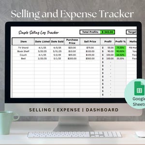 Op de afbeelding: Een computerscherm dat een spreadsheet toont met de titel "Simple Selling Log Tracker". De spreadsheet bevat kolommen voor item, datum van vermelding, datum van verkoop, aankoopprijs, verkoopprijs, winst, winstpercentage en methode. De spreadsheet toont een totale winst van $ 345,00. Het scherm bevat ook de tekst "SELLING | EXPENSE | DASHBOARD" onderaan.