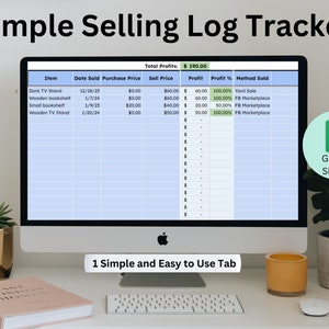 May include: A computer screen displaying a Google Sheets spreadsheet with a blue and white color scheme. The spreadsheet is titled "Simple Selling Log Tracker" and includes columns for item, date sold, purchase price, sell price, profit, profit %, and method sold. The spreadsheet is used to track sales and profits for various items.