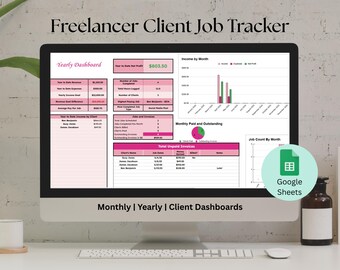 Op de afbeelding: Een computermonitor toont een "Freelancer Client Job Tracker" spreadsheet met roze en witte datatabellen en grafieken. Het scherm toont jaarlijkse en maandelijkse inkomsten, taakaantallen en klantinformatie. Een "Google Sheets" icoon is zichtbaar.