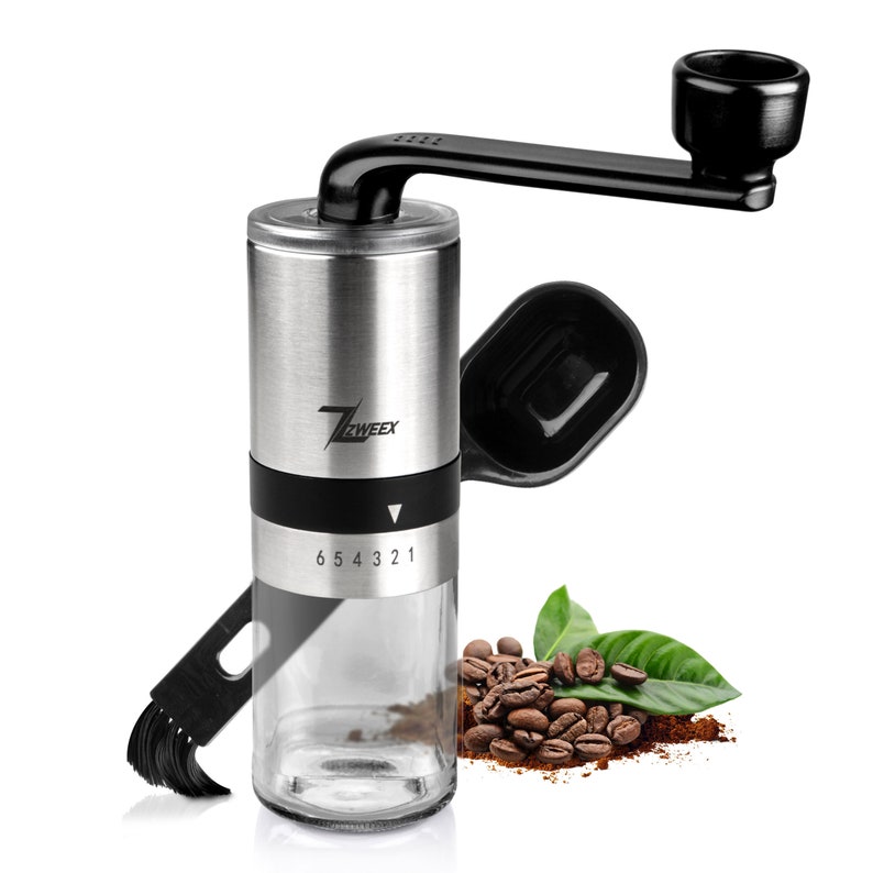 Zweex Kaffeemühle manuell aus Edelstahl und Glas Handkaffeemühle mit 6 Mahlgradeinstellung Espressomühle Inkl. Bürste und Tasche Bild 2