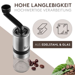 Zweex Kaffeemühle manuell aus Edelstahl und Glas Handkaffeemühle mit 6 Mahlgradeinstellung Espressomühle Inkl. Bürste und Tasche Bild 4