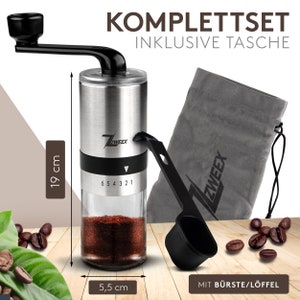 Zweex manual coffee grinder made of stainless steel and glass hand coffee grinder with 6 grinding settings espresso grinder including brush and bag image 1