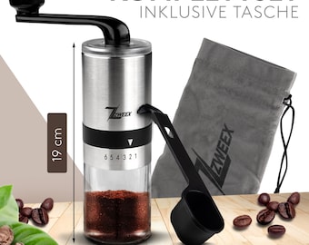 Zweex Kaffeemühle manuell aus Edelstahl und Glas Handkaffeemühle mit 6 Mahlgradeinstellung Espressomühle Inkl. Bürste und Tasche