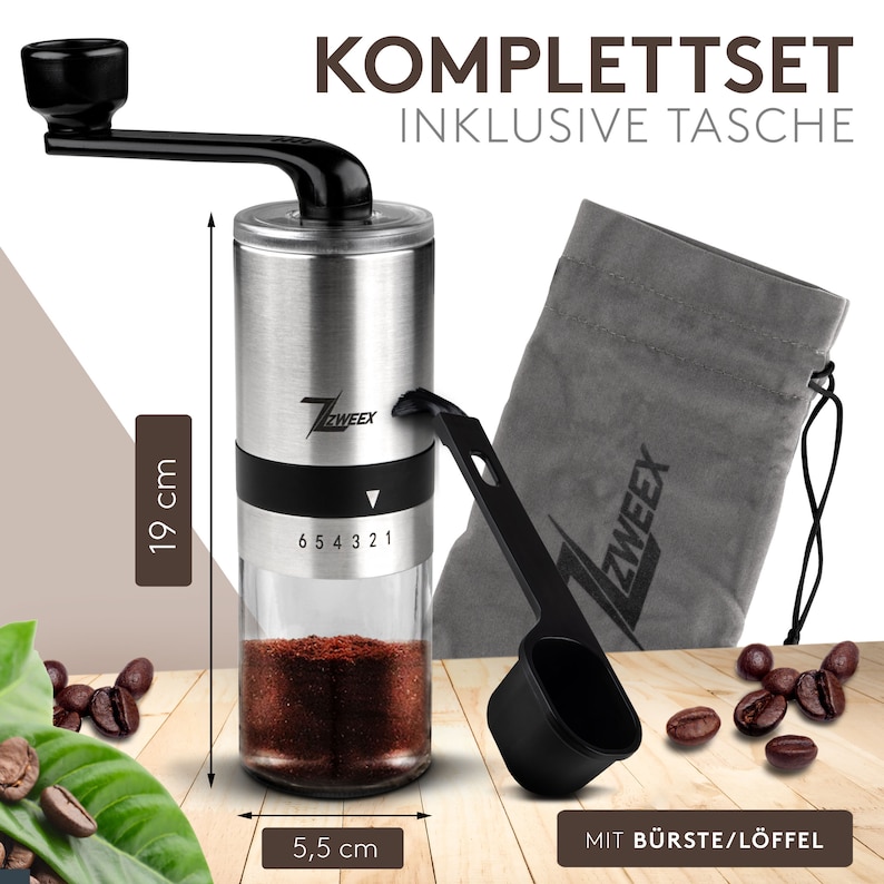 Zweex Kaffeemühle manuell aus Edelstahl und Glas Handkaffeemühle mit 6 Mahlgradeinstellung Espressomühle Inkl. Bürste und Tasche Bild 1