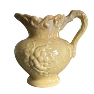 Large Vintage Beige Glazed Grape Embossed Ceramic Pouring Pitcher