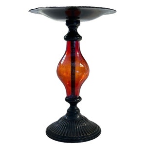 Black Metal Tall Candle Holder with Ruby Red Glass Bulb Accent - India