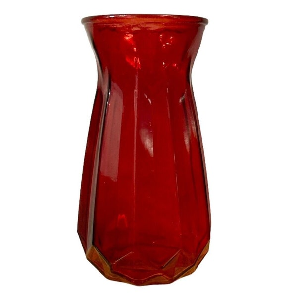 Tall Bright Red Angular Cut Glass Flower Vase