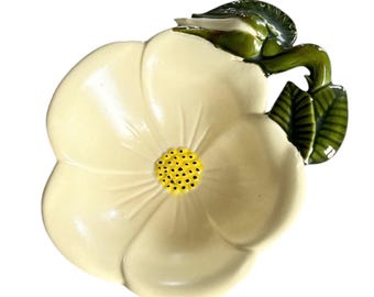 Hand Painted Ceramic Yellow and Green Morning Glory Trinket Dish