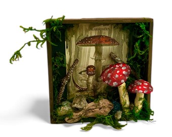 Hand Crafted Up-Cycled “Toadstool Grove” Shadow Box With Mushrooms