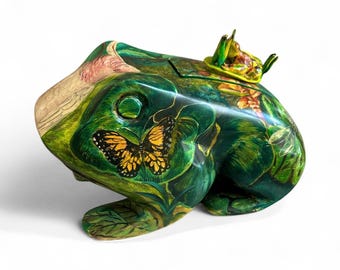 大きな手描きのアルテサナルズ刻印入りメキシコ木製カエル小物入れ