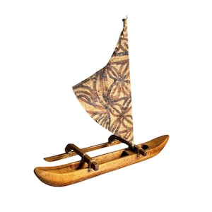 Vintage KOA Wood Hawaiian Outrigger Canoe with Painted Tapa Cloth Sail
