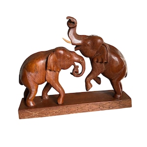 Vintage Hand Carved Teak Wood Elephants Playing Statue on Wood Mount
