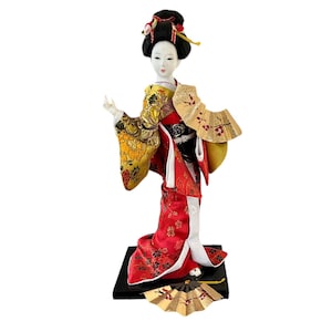 Bambola Geisha giapponese Jomei in kimono rosso e oro Italia