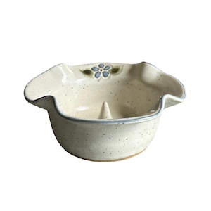 Signed Speckled White and Blue Flowered Stoneware Ring Holder or Dish
